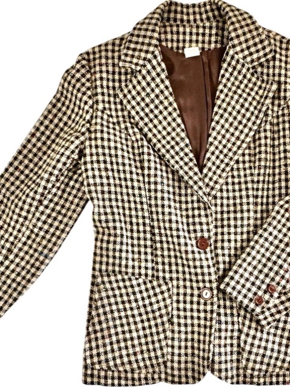 1970s Tweed Blazer Size 10 Brown Check Tailored Women’s Jacket